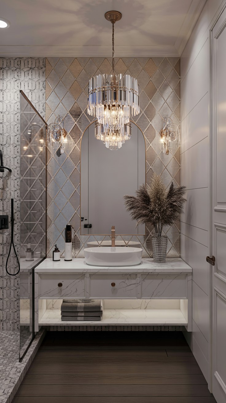 Luxury Bathroom Design Ideas With Crystal Chandelier And Marble Vanity