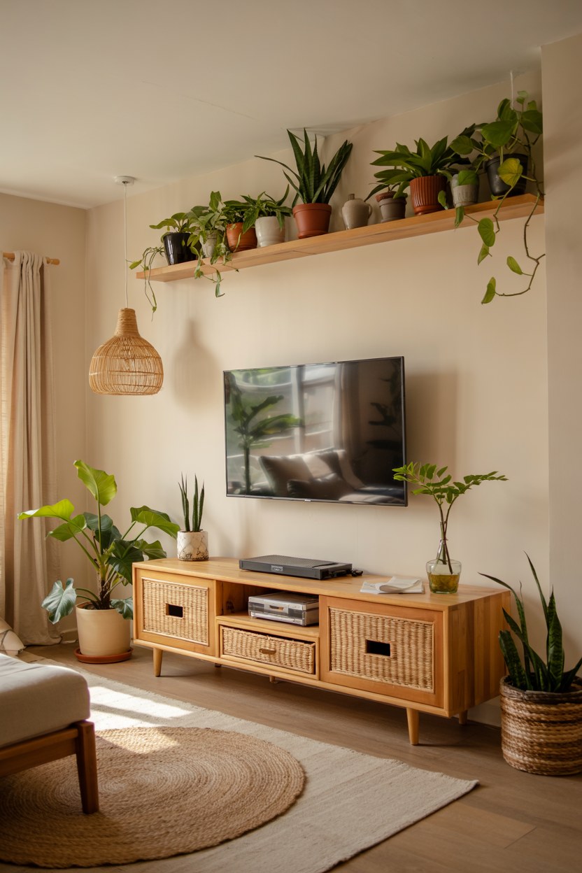Wooden Floating Shelves for Bathroom Storage and Plant Display Ideas