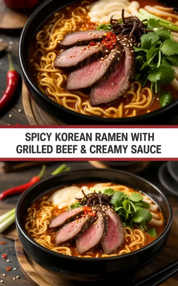 Spicy Korean Ramen Recipe with Grilled Beef & Creamy Sauce